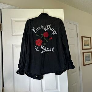 Distressed Black Embroidered Jacket "Everything is Great" with Red Rose Motif M